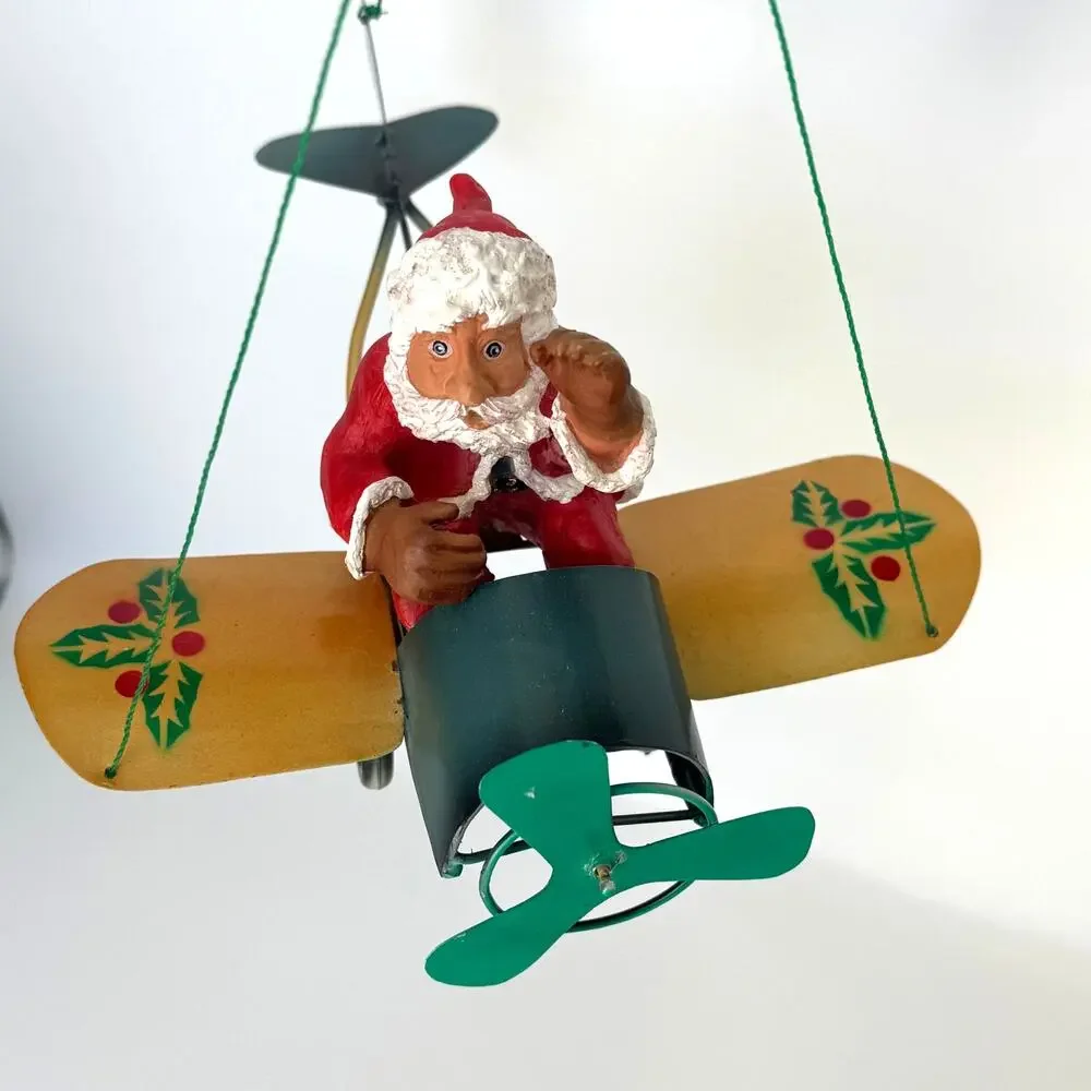 Rare Vintage Santa in Plane Metal Mobile Christmas Ornament